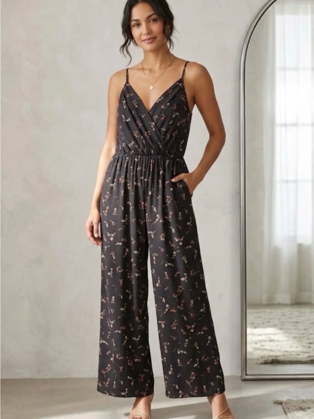Black Floral Spaghetti-Strap V-Neck Jumpsuit (WL)